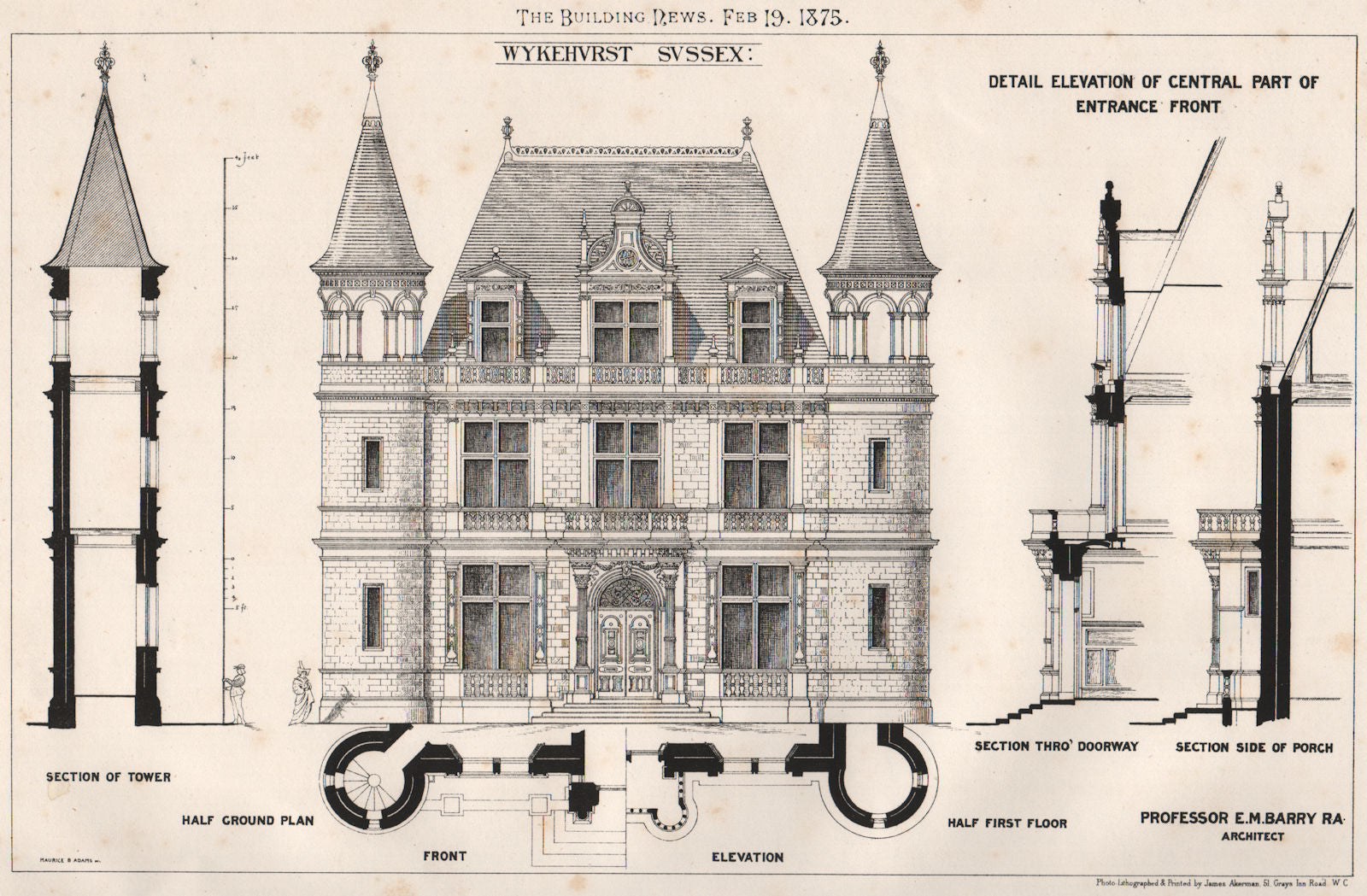 Wykehurst, Sussex; Professor E.M. Barry R.A., Architect 1875 old antique print